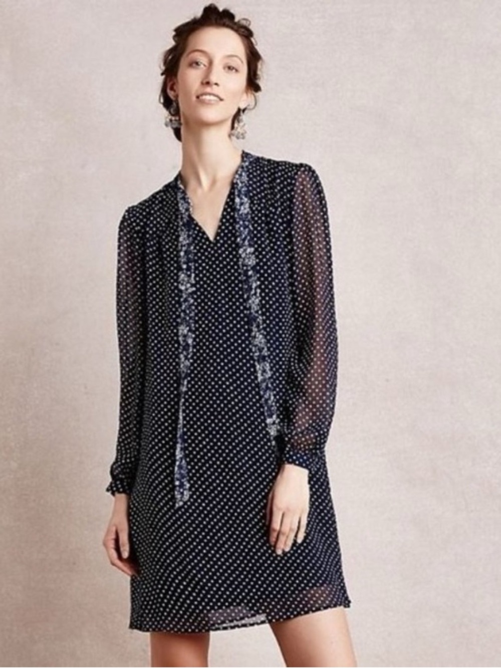 11•1•TYLHO Anthropologie Isla Polka Dot Floral Tie-Neck Navy Boho Shift  Dress L